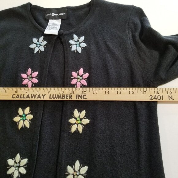 Sag Harbor Womens Sweater S Vintage Knit Black Embroidered Flowers Twofer Sequin - Picture 10 of 15